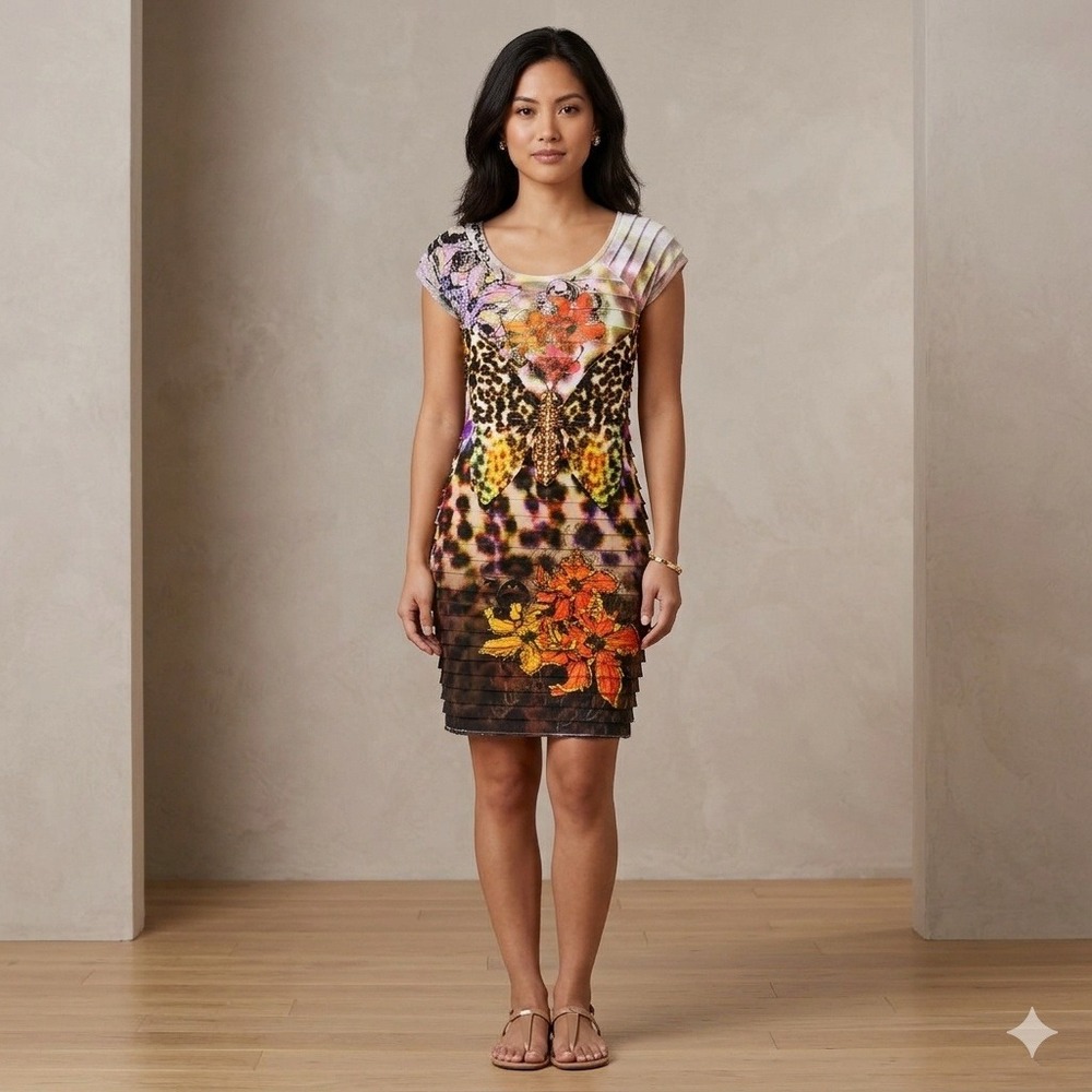 MCM Petite Butterfly Leopard Floral Tiered Ruffle Sheath Dress PM 23031RUF USA